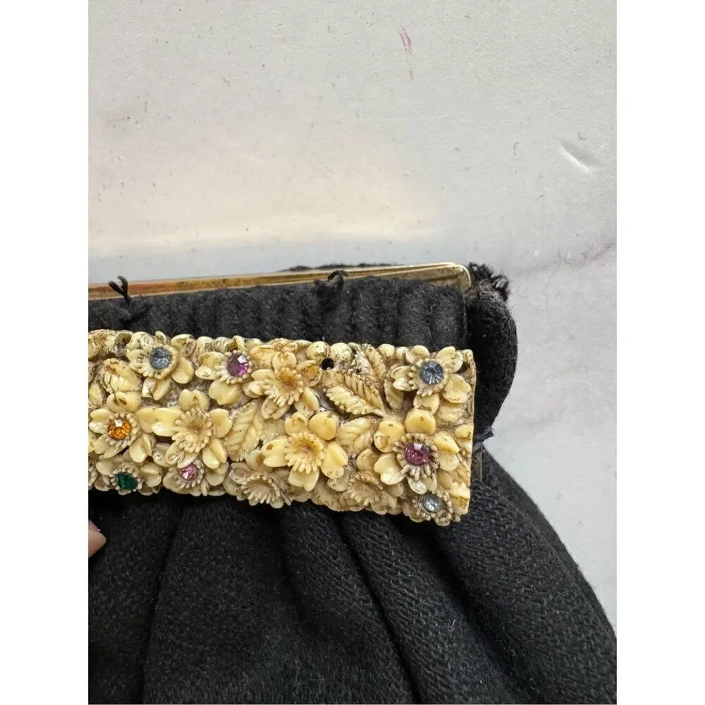 Guild Creations vintage 1940 puffy black pouch purse encrusted jewels floral ple